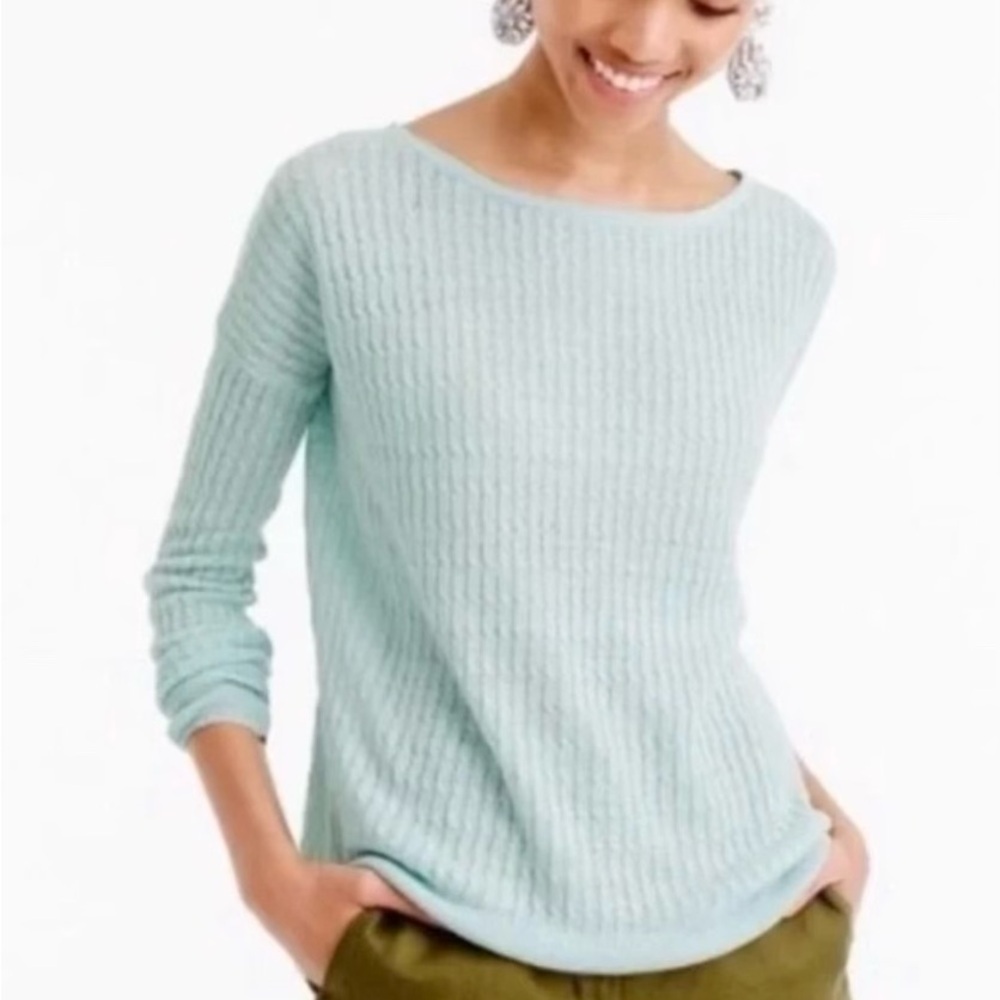 JCrew Lightweight linen cable knit pullover, with shoulder buttons, in Mint.